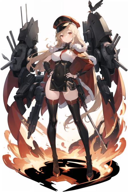 1girl, armored boots, bird, black cape, black dress, black footwear, black headwear, black thighhighs, blonde hair, boots, breasts, cannon, cape, clothing cutout, cross, dress, fire, floating hair, full body, fur-trimmed cape, fur trim, hair between eyes, hand on own hip, hat, high heel boots, high heels, holding, holding weapon, large breasts, long hair, machinery, navel, peaked cap, red cape, rigging, sidelocks, solo, standing, sword, thigh boots, thighhighs, thighs, turret, underwear, very long hair, weapon, <lyco:azur_lane-30:0.8>