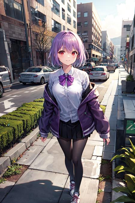 masterpiece, Walk through a ruined city, (monster in the background:1.2), best quality, highres, 1girl, shinjou akane, pantyhose, shirt, bow, skirt, purple jacket, jacket, white shirt, shoes, long sleeves, short hair, black skirt, collared shirt, black pantyhose, open clothes, bowtie, purple bow, breasts, bangs, red eyes, pleated skirt, off shoulder, open jacket, sleeves past wrists, light purple hair, purple bowtie, sneakers, miniskirt, <lora:shinjou_akane_v2:0.6>