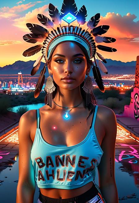 a photo portrait of soul
 (huge source of light in the center:1.5),Indian feather headdress, desert in the background, Indian bridge with a panoramic view of the city. The scene is illuminated by neon lights from nearby buildings, adding a mystical quality to the ambiance. wigwam, red sunset, ultra quality, ultra detailed, masterpiece  trending on artstation, digital art, realistic, full body, symmetrical face, beautiful, 8k, high resolution, hyperrealistic, focused, extreme details(Surrealism:1.5),epic composition,serene night, beautiful sky, dancing silhouette, Complex landscape, best quality, pastel colors, light blue tint, aesthetic Ethereal, Effulgent, Idyllic atmosphere,  Tranquil,  ethereal quality, cinematic volume, Twinkling lighting, glowing aura, global illumination,  glowneon, Anisotropic Filtering, Unrivaled Opus, Unconventional, hyper detailed, HDR, of slouchy joggers paired with a cropped tank top, teasing a glimpse of her toned midriff. Posing against a backdrop of colorful graffiti, she exudes a rebellious charm, embodying the essence of urban allure.  Eerie, unsettling, dark, spooky, suspenseful, grim, highly detailed  The overall ambiance of the illustration is clean, modern, and abstract, with a touch of surrealism., illustration background covered with glowing stars, there is a galaxy in the background at the top corners of the screen, falli