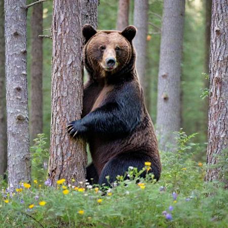 <lora:lcm_sdxl_lora:1>,   <lora:nat:0.7>, a bear scratching a tree, heavy forest all around, wildflowers, butterflies,
