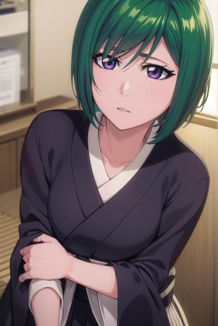 nozomi, short hair, green hair, (purple eyes:1.1), nozomidefault, thighhighs, school uniform, black thighhighs, sailor collar, zettai ryouiki, cardigan, nozomishinigami, japanese clothes, kimono, hakama, black kimono, black hakama,