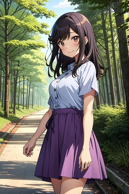 <lyco:ichijou_hotaru:0.8>ichijou hotaru, skirt, smile, cowboy shot, looking at viewer, shirt, short sleeves, purple skirt, outdoors, forest, day, scenery, rural road,