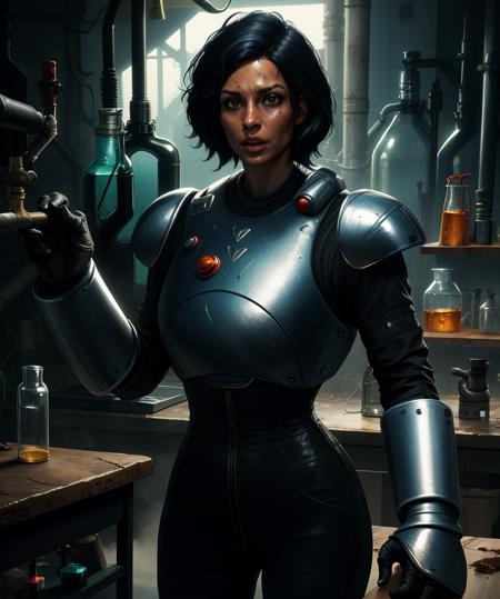 isabel,black hair,short hair,messy hair,dirty face,lips,
black jumpsuit,armor,gauntlets,shiny,
standing,
laboratory,science fiction,
(insanely detailed, masterpiece, best quality),<lora:MechanistIsabelcruz:0.8>,