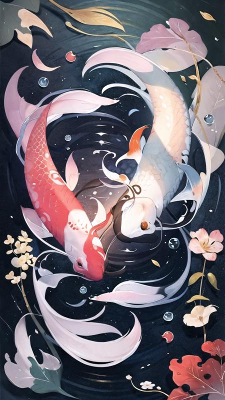 yin-yang_fish,illustration,Painting,no humans,fish,animal,animal focus,underwater,<lora:yin-yang_fish:0.8>,