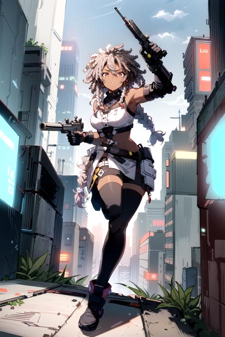 (1girl, dark skin, dreadlocks:1.2), aiming gun, city rooftop, sniler, outdoors, cyberpunk, Cyberpop, <lora:Cyberpop:0.7>