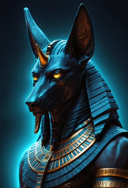 the Egyptian god Anubis, majestic, awesome, inspiring, closeup, smooth, atmospheric haze, cinamatic composition, soft shadows, national geographic style, neon glow, extremely detailed