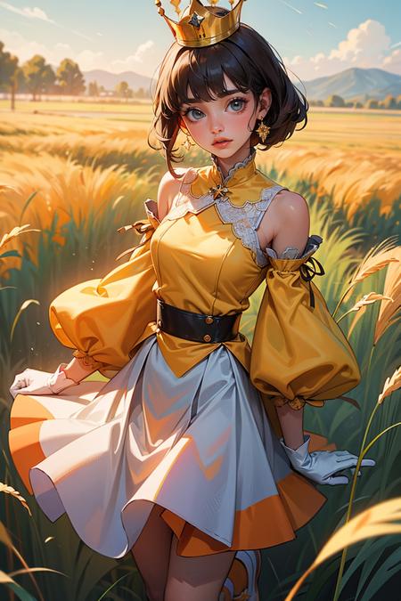 masterpiece,best quality, 1girl, cowboy shot, yellow top with puffed sleeves and an orange skirt, white gloves, yellow shoes, and a crown with orange detailing, bangs, grass, in a field,
<lora:add_detail:0.4>,