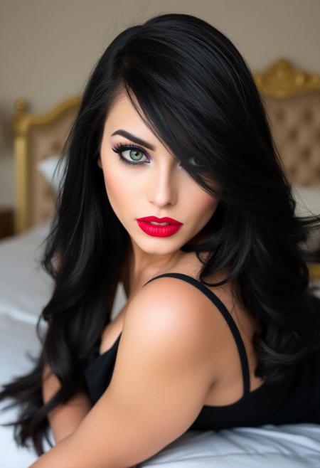 A beautiful woman is looking at viewer seductively and assertive.  Her eyes are dark green with long black eyelashes and purple eyeshadow on her eyelids. A black eyeline and mascara are defining her beautiful eyes. Her very long black hair is covering her one eye. Her lips are sensual and painted red. Her makeup is elegant, boosting her best details on her pale skin. She wears a classy long black dress and black high heels. Her body has sexy curves. The background is an elegant bedroom with a classy bed. She is sitting on the bed, leaning slightly toward the viewer sensually.