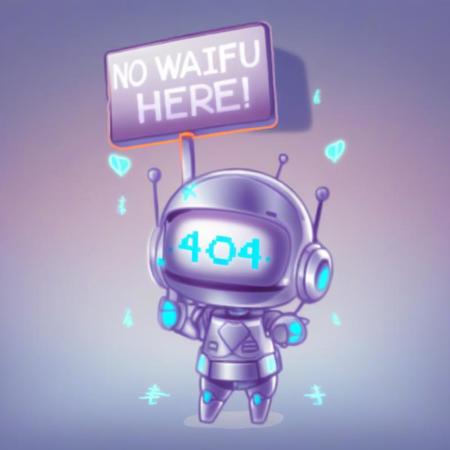 A Chibi cute robot holding a sign that says “No Waifu here!” , the back of the image is showing the numbers “404” , gradient, gradient_background,  SILVER_background, solo, standing, crispy clear, sharp contrast, simplistic 2d illustration in chibi artist style