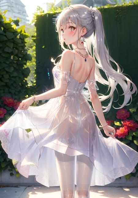 1girl,bare shoulders,white skirt dress, flower pattern in dress,white gow,Organza lace,blush,silver necklace,silver earrings,Look back,Shanghai,(white shiny (transparency:1.6) crotchless pantyhose)