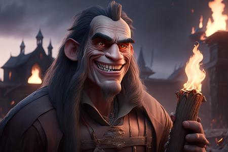 (d3caricature-beta-x)1.2, closeup photo of a smiling man with corpse makeup, holding a burning wood torch, pale white skin, black eyes, long hair, a burning church in the background, masterpiece, award winning photography, ultra detailed, 8k