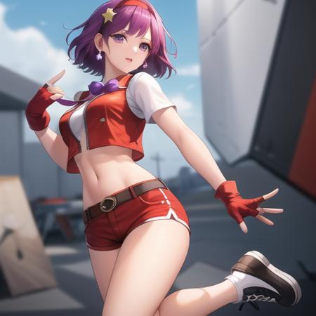 (masterpiece, best quality:1.2),illustration,8k,hd,1girl,solo,breasts,purple eyes,fingerless gloves,purple hair,short hair,red hairband,earrings,hair ornament,star hair ornament,sash,vest,shoes,red shorts,cropped shirt,zipper,midriff,navel,crop top,<lora:Asamiya Athena-99:0.6>,