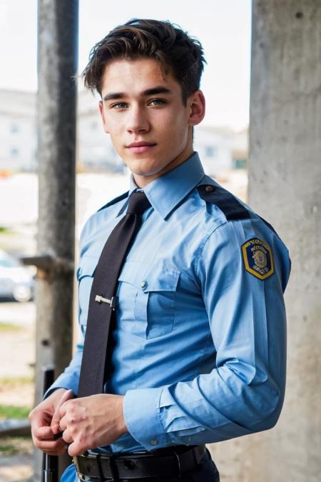 realistic, sfw, an attractive 18 years old fit caucasian boy standing, smug, full body shot, police uniform, <lora:Edoardo_Volpi_-__instagram_Cosplayer:0.7>, edoardovolpi,