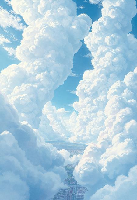 Vast anime-style sky with a massive textured cloud cover stretching across the entire scene, intricate structural cloud formations with detailed bumps and organic folds, scattered open gaps revealing patches of bright blue sky, cinematic view over a peaceful cityscape below, soft sunlight streaming through cloud breaks, pastel color palette (baby blue, soft white, light pink), highly detailed Ghibli-inspired artwork, hyper-realistic watercolor texture, dreamy and emotional atmosphere, 4K ultra-high resolution