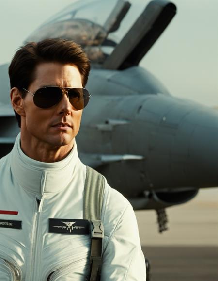 movie still, tom cruise next to a fighter jet closeup, movie still, tom cruise next to a fighter jet, closeup