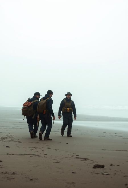 Storyboard: A group of six workers, dressed in dark, worn clothing and carrying tools and backpacks, are seen slowly walking on a desolate, fog-covered beach.