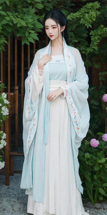 1girl,solo,perfect face,look at viewer,standing,
hanfu,white dress,long sleeves,
plant,flower,
masterpiece,best quality,highly detailed,