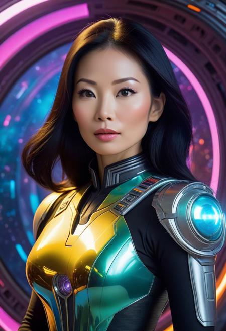 Lucy Liu as a scifi space explorer in the style of matt baker, dave stevens, retrofuturism, futuristic, ultra detailed, ultra quality, intricate details, beautifully shot, perfect composition, colorful background, retouched, sharp focus, perfect, smooth, a masterpiece, bright volumetric lighting, complementary colors,