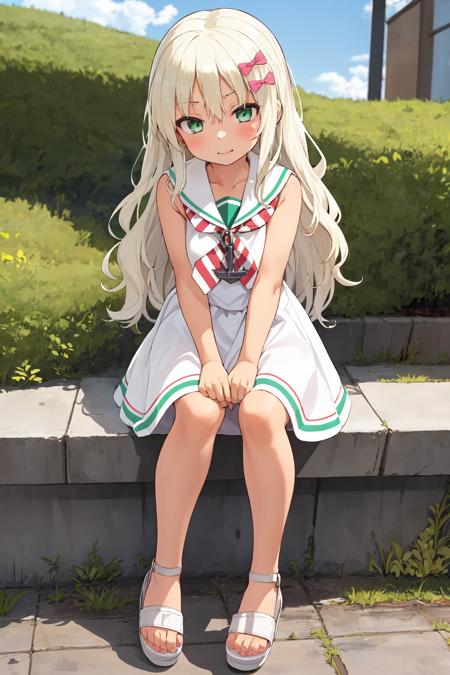 grecale \(kancolle\) blonde hair wave hair long hair hair bow pink bow green eyes blue eyes