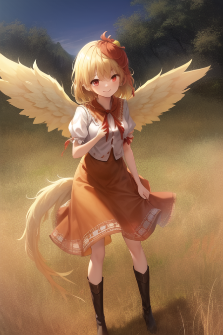 1girl, (((detailed eyes))), (((perfect face))), (((Solo))), ((detailed field, withered grass, white grass, higanbana, lycoris radiata)), ((Kutaka Niwatari, touhou)), ((red eyes)), ((light yellow hair, red hair extension, short hair)), ((light yellow wings)), ((light yellow feathery tail)), ((orange dress)), ((white jacket)), ((orange puritan collar)), ((red ribbon)), ((brown boots)), smiling, ((looking at viewer)), ((standing))