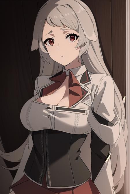 pursenaadoldia, <lora:pursenaadoldias2-lora-nochekaiser:1>,
pursena adoldia, long hair, (red eyes:1.5), animal ears, very long hair, grey hair,
BREAK cleavage, skirt, long sleeves, pantyhose, frills, shoes, red skirt,  loafers, white pantyhose, blazer, (white blazer:1.5), corset, (black corset:1.5),
BREAK indoors, classroom,
BREAK looking at viewer, (cowboy shot:1.5),
BREAK <lyco:GoodHands-beta2:1>, (masterpiece:1.2), best quality, high resolution, unity 8k wallpaper, (illustration:0.8), (beautiful detailed eyes:1.6), extremely detailed face, perfect lighting, extremely detailed CG, (perfect hands, perfect anatomy),