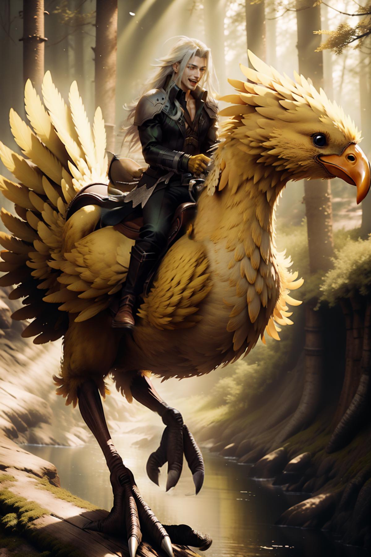 A person riding on a yellow and white bird in a forest.