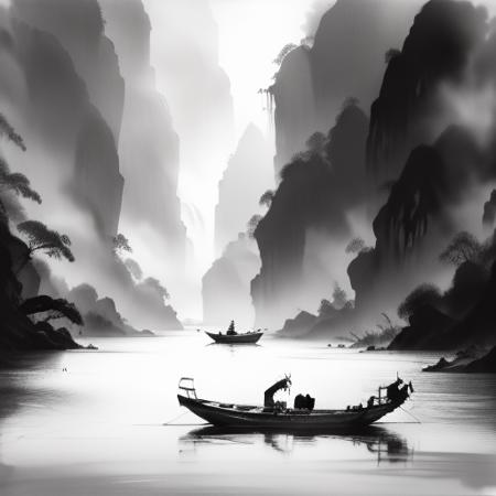 chinkstyle, ink painting,  monochrome, greyscale, landscape painting,