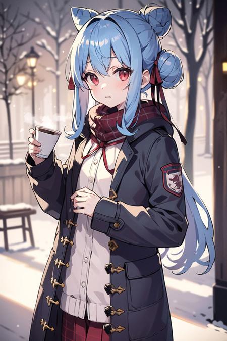 (masterpiece), (best quality), (highly detailed), 1girl, solo, red eyes, holding, disposable cup, looking at viewer, holding cup, outdoors, snow, long sleeves, bangs, (cup, coffee cup:0.8), tree, closed mouth, bare tree, fur trim, hair between eyes, ribbon, open clothes, bag, winter, black ribbon, snowing, (Light blue hair:1.4), coat, hair ribbon, hair bun, upper body, jacket, sidelocks, blush, fur collar <lora:txyden-A5:1>