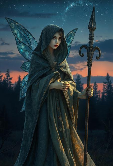 A mystical fairystands alone beneath a twilight sky, cloaked in a robe that shimmers with stardust. Her eyes glow faintly like distant galaxies, and a serene, knowing smile plays on her lips. Ancient runes faintly pulse along his staff, and the wind seems to whisper secrets around him. The forest behind her is alive with quiet magic, and the air shimmers with otherworldly energy.