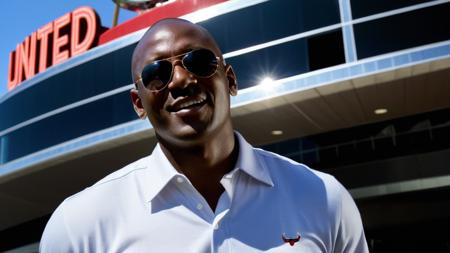 painting portrait of michael jordan wearing sunglasses, bright sunshine, (((standing in front of the united center in chicago:1.8))), smoking cigar, (((lacing up his air jordan shoes:1.8))),  american legend, best of all time, timeless, (full body shot:1.5), sharp focus, trending on ArtStation, lifelike, insanely high detail, masterpiece, by Greg Rutkowski, by Ross Tran, by Fenghua Zhong, octane, clear eyes, soft render, clear facial features, oil on canvas, moody lighting, cinematic, professional environment concept art