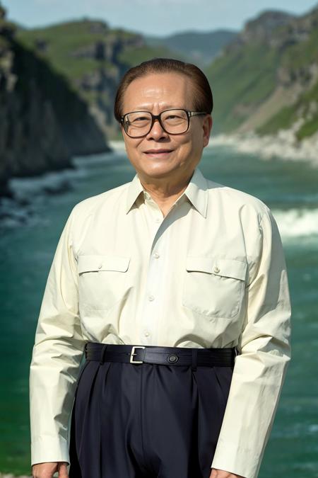 1boy, solo,  8k, ultra high res, ultra detailed, best quality, looking at viewer, perfect lighting, flat light, ultra high quality, ultra high res, masterpiece, photorealistic, detailed face, perfect anatomy, glasses, male focus, outdoors, smile, day, shirt, water, river, sky, <lora:JiangZMLora_v2:1>