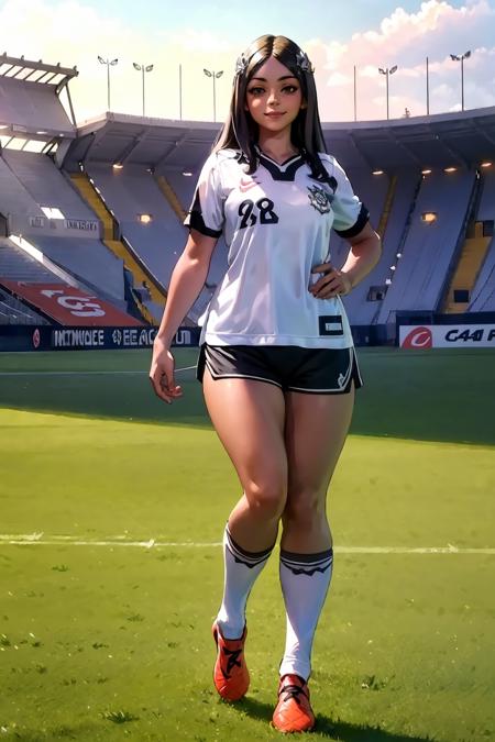 (extremely detailed CG unity 8k wallpaper), (best quality), (ultra-detailed), (best illustration), 1girl, detailed soccer stadium, outdoors, beautiful sunlight, soccer uniform, shorts, socks, soccer,  green field,  <lyco:corinthians-10:0.8>,  corinthians, <lora:ireliav2-000034:0.6>, irelia, long hair, thick thighs, (large breasts), (white uniform), smiling, circlet