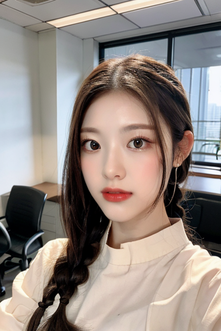 (masterpiece: 1.3), (8k, photorealistic, RAW photo, best quality: 1.4), (1girl), beautiful face, (realistic face), (black hair, medium hair: 1.3), Beautiful hairstyles, realistic eyes, dark eyes, beautiful and detailed eyes, (real skin), beautiful skin, attractive, ultra-high resolution, ultra-realistic, high-definition, golden ratio, high-quality background photos, braids,,1girl,1 office worker,medium hair, <lora:matsumura:0.8> sayuringo