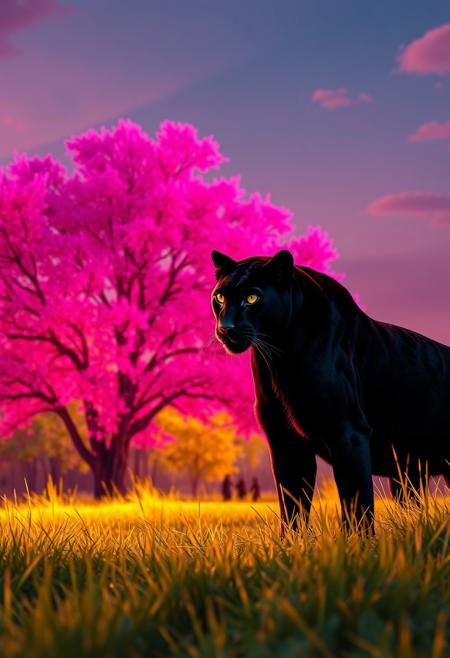 score_9, score_8_up, score_7_up, cinematic photo, dramatic lighting, a black panther staring at you from far away, pink sky, lush pink trees, yellow grass patch, asain style, David Hockney, Ascii art, gongbi, traditional chinese painting style, neon colors, <lora:Neon_Splash_Art_for_Pony:1>
