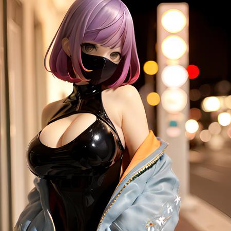 beautiful, lighting, masterpiece, best quality, 1girl, solo, detailed face, detailed eyes, detailed hair,  night, light on face, looking at viewer, black face mask, green eyes, cleavage, night street