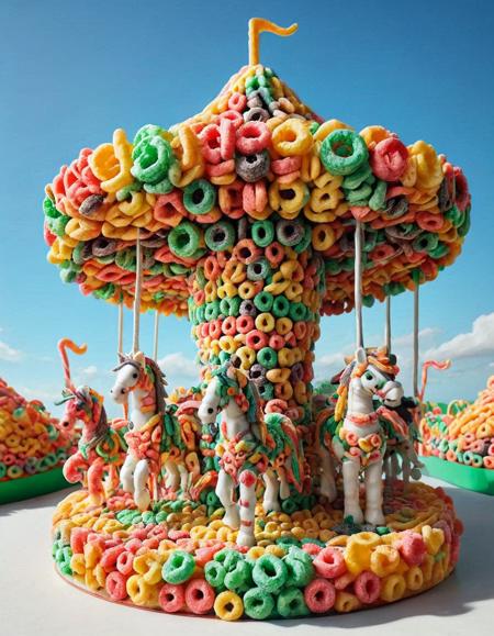 A carnival carousel with horses and decorations made of fruit loops, spinning under a sunny sky. <lora:FruitLoopStyle:1>