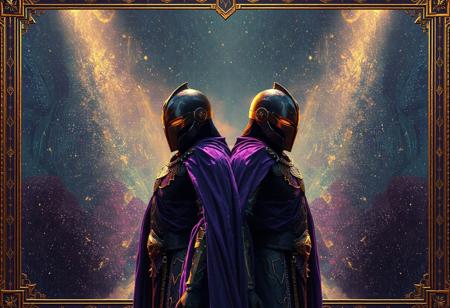 "Create a high-definition, micro-detailed digital painting in the golden ratio, featuring a couple of Iron Knights in Wakanda. Incorporate a purple cloth, infinite mirrors, and weeping tears of black oil. Add a mystic unity with intricate details and a touch of joytoy's aura and light effects. Present it in 8K resolution, RTX on, and high texture detail. The painting should be asymmetrical, like a film still from a Disney movie, and published on ArtStation and Flickr."