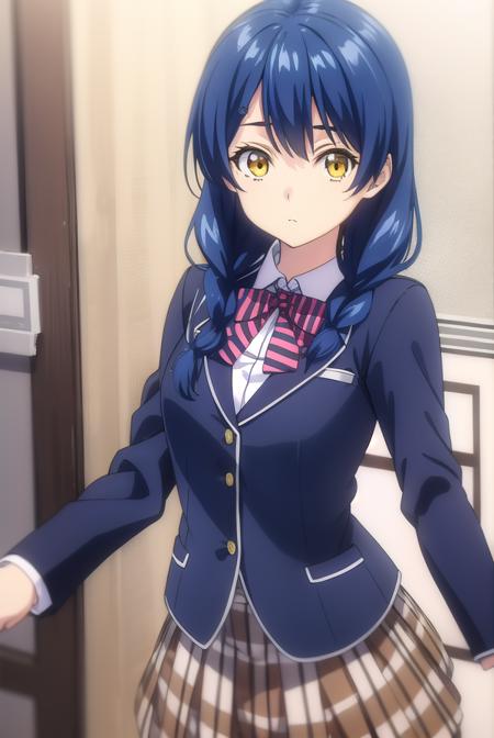 megumi tadokoro, long hair, blue hair, (yellow eyes:1.3), braid, twin braids, bow, school uniform, striped, bowtie, blazer, striped bowtie, blue blazer, brown skirt, plaid skirt, plaid, chef, pants, white pants,