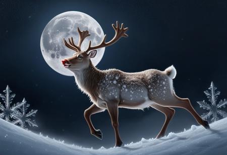 Rudolf the rednose reindeer, flying through snowy night sky, moon, moonlight, snowflake, lots of snowflakes, ice, winter, snowy background, dark cloudy sky, detailed, digital illustration, high quality, realistic