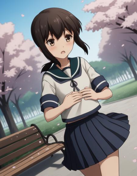 fubuki, black hair, brown eyes, ponytail, fubuki (kancolle), low-tied ponytail skirt, school uniform, pleated skirt, serafuku,