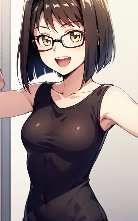 arms_down,  yellow_eyes,  black_hair, short_hair, solo, 1girl, realistic:0.8, glasses:1.2, eyewear, open_mouth,  happy, smile, <lora:L_BlankEyes_v1:0.5>