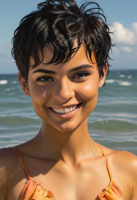 Award winning photography, mid body view, 19 years old eveGilles woman, short black messed pixie haircut, envy but smiling anyway, female ai integration specialist, wearing Light orange    ruffles    Tie-dye cotton g-string,  bralette,   , in Liquid sea, cinematic, face focus, raw photo, <lora:eveGilles_r3:0.7>