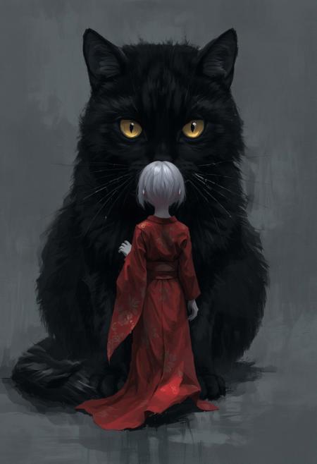 breathtaking breathtaking a digital painting in a fantasy and surreal style. The focal point is a large black cat sitting with striking yellow eyes that dominate the composition. The cat's fur is rendered with textured brushstrokes, giving it a sense of depth and realism. The cat's face is close to the ground, with its ears slightly tilted, creating a sense of curiosity and attention.
Standing in front of the cat is a small silhouette of a girl seen from behind with a pale, almost ghostly appearance. The figure has short, white hair and is dressed in a bright red kimono decorated with intricate gold patterns. The kimono flows gracefully to the ground, adding a sense of movement and elegance to the scene. The girl reaches out to the large cat.
The background is minimalistic, with a gradient of dark to light gray tones, giving a sense of depth without distracting from the main subjects. The overall mood of the image is serene yet slightly eerie, with the large cat towering over the smaller figure, the large cat staring sternly and menacingly at the smaller figure creating a dynamic and somewhat intimidating relationship between the two.
The textures in the painting are rich and detailed, with emphasis on the soft fur of the cat and the smooth, flowing fabric of the dress. The overall colour palette is dominated by cool tones, with the exception of the bright red dress.