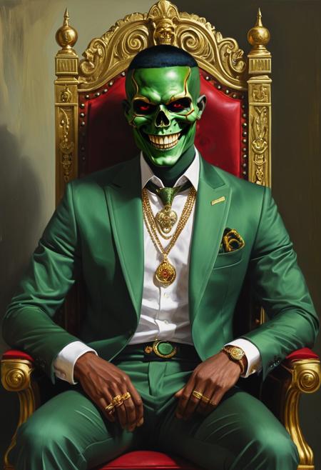 1boy, ring, male focus, jewelry, solo, sitting, skull, money, necklace, red eyes, colored skin, staff, smile, suit, green skin, formal, grin, looking at viewer, multiple rings, throne, pants, chair, banknote, gold, jacket, shirt, evil smile
realism, abstract elements, emotive, human form, soft brushwork, muted earthy tones, vibrant accents, vulnerability, transformation, identity, connection, emotional depth, layered textures, intimate, contemplative mood, fragility, painterly