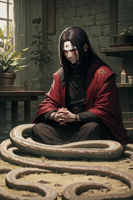 ,candle, 1boy, snake, black hair, robe, long hair, male focus, indoors, plant, solo, own hands together, red eyes, black robe, closed mouth, sitting, praying