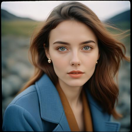 amateur photo of a woman, analog, raw, f2, 35mm, an (amateur photo) of a 50 year old candid photo of a woman, flash photography, taken on an old camera, polaroid, half body photo of a beautiful 20 years old Icelandic girl, extremely detailed eyes, beautiful face, detailed natural skin with pores, sitting on a rock with legs crossed, looking peaceful., Oversized blazer, skinny jeans, loafers, shoulder bag, stud earrings, (lofi, bokeh), by Marta Bevacqua, golden hour, cinematic lighting, (hazy filter, film grain:1.2). 8k, highly detailed, detailed skin texture, natural skin texture, perfect eyes, perfect iris, high detail eyes, detailed iris, detailed cloth texture, perfect eyes, detailed eyes, (high quality, best quality:1.3), Extremely high-resolution, film grain, dslr, Kodak Portra 400 camera f1.6 lens, 35mm, Fujifilm Superia Premium 400, Nikon D850, <lora:add_detail:0.33>