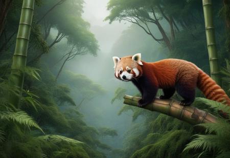 The image is a digital illustration of a mysterious and strange scene in a forest. The focal point of the image is a red panda perched high in the trees in the middle of the frame. The undergrowth is made up of bamboo. The background is filled with tall trees and ferns, creating a canopy of dense greenery. in the distance Himalayan mountain range