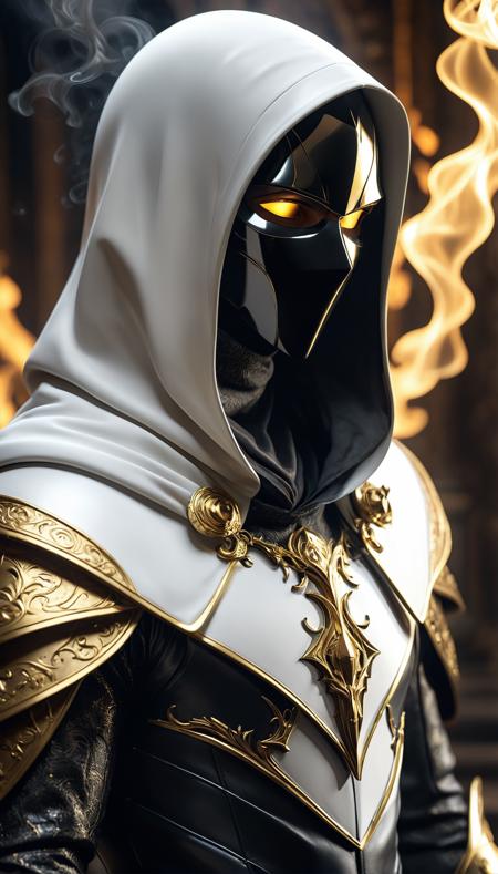 <lora:add-detail-xl:1.0>, dark fantasy, shadow knights, Andor Basch, side view, ((white and gold plug suit, black smoke in plug suit)), (burning eyes:1), (white, gold hooded cloak of leather material),(fractal art:1.2), cave background, transparency, caustics, optics, surreal, magic, unreal engine 5 quality render, a character portrait, vanitas, masterpiece, perfect anatomy, 32k UHD resolution, best quality, highres, realistic photo, professional photography,cinematic angle, reflection lights, closed up