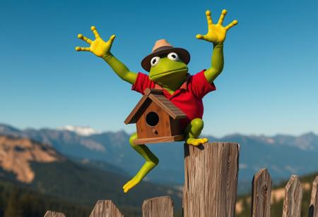 A high-resolution photographic image capturing a muscular warrior Frog, perched precariously on a weathered wooden fence. He is in a dynamic, playful star-like pose with arms and legs fully extended. Kermit wears a vibrant red shirt and a brown hat. In his hands, he holds a detailed brown birdhouse, poised as if about to release a bird into the wild. The background is a picturesque mountain landscape under a clear blue sky, emphasizing the outdoor setting. The scene conveys a moment of whimsy and adventure, characteristic of Kermit. Achieved with Octane Render and Unreal Engine 5 for stunning realism. Features: 4K, Exceptional Quality, More Detail, Lifelike Details, Super Detailed Face and Eyes and Clothes, Handcrafted with Precision, High Quality, Sharp Lines, Stunning Colors, Harmonious Colors, Multi Colored, Contemporary Aesthetics, Impeccable Composition, Creative Angle, Attractive Background, Balanced Editing, Intentional Focus, Well-timed Moment, Captivating Lighting, Beautiful Detailed Eyes, CGSociety, Artstation Trending on ArtstationHQ, trending on artstation, 8k.