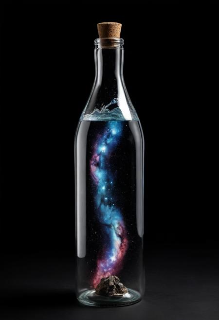 A large tall and big bottle, with a galaxy trapped in it, spinning in it, black background